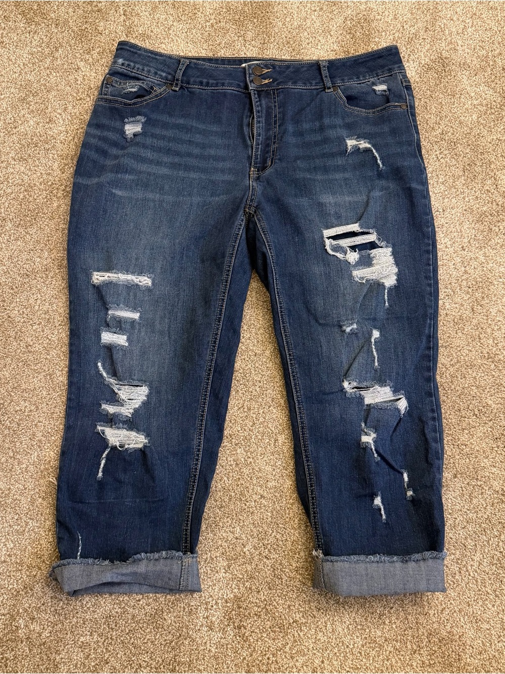 Women's Dark Blue Distressed Cropped Jeans